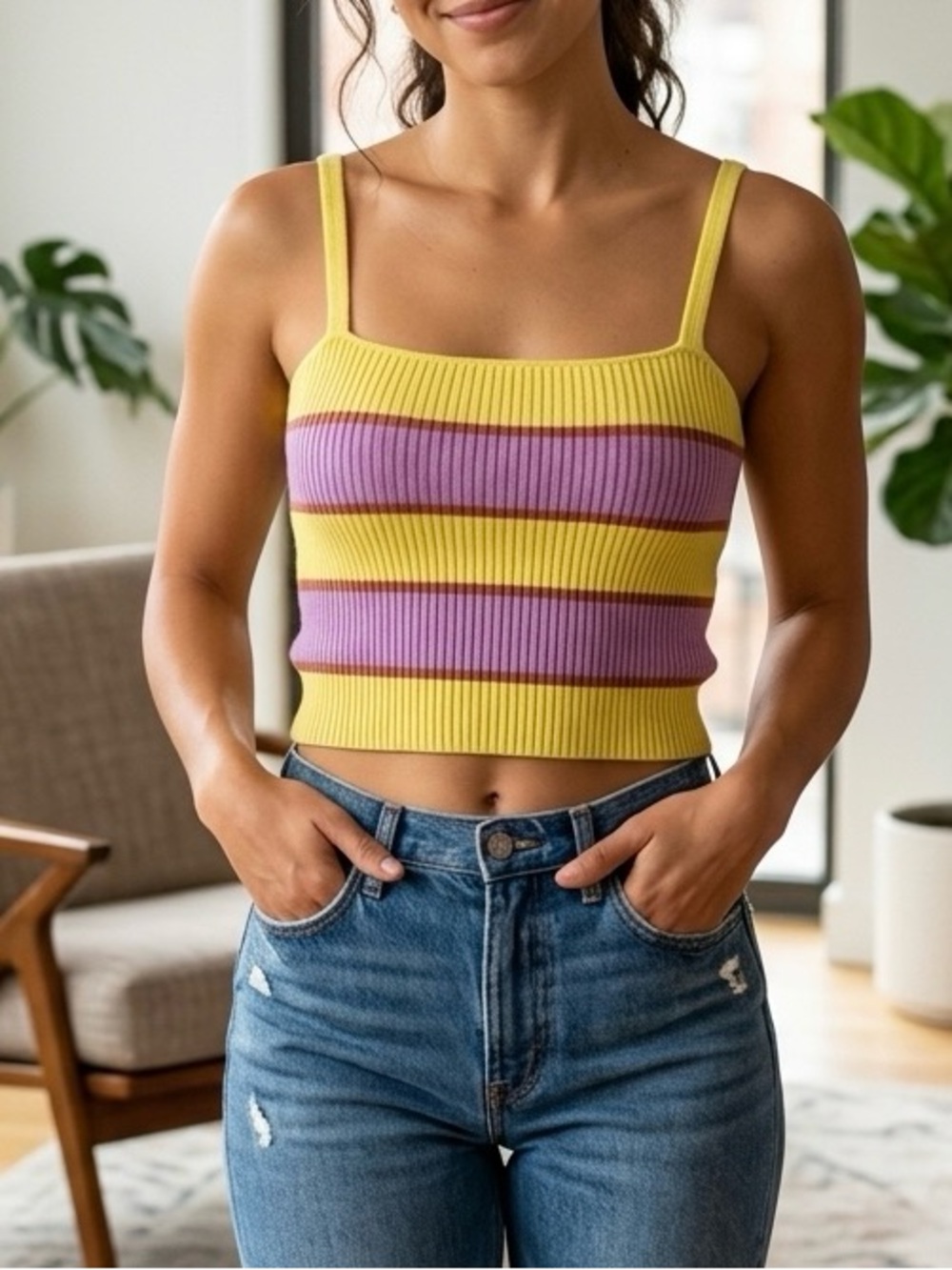 MOTHER The Tube Tank in Purple & Yellow Stripe Size Small